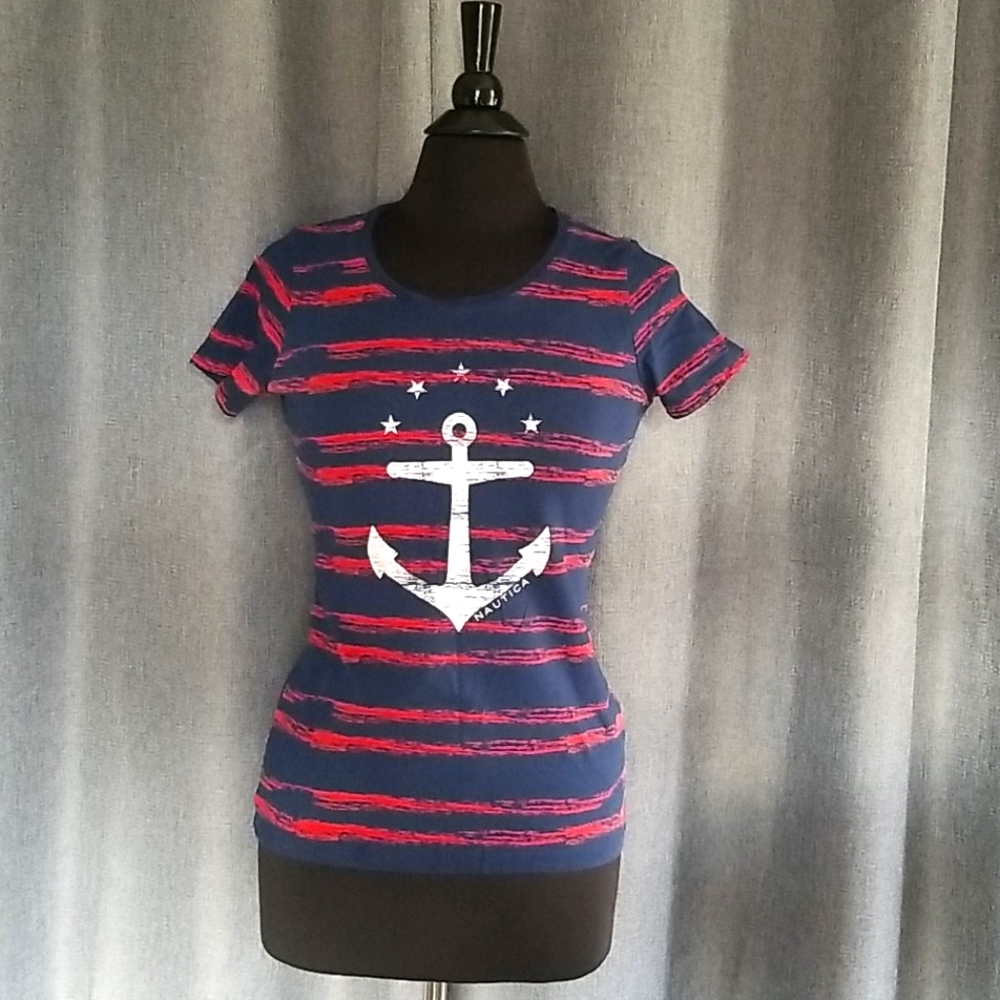 LAST CHANCE! Nautica Distressed Stripe Summer Anchor Tee in Red White & Blue